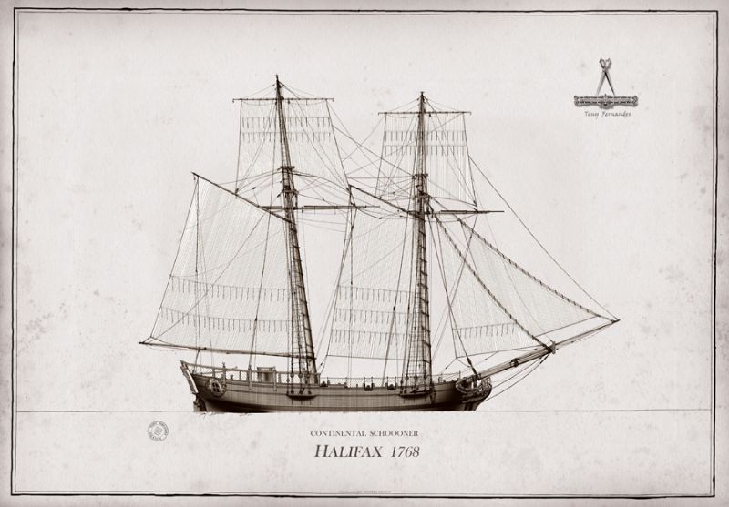1768 Continental Schooner Halifax pen ink study by Tony Fernandes